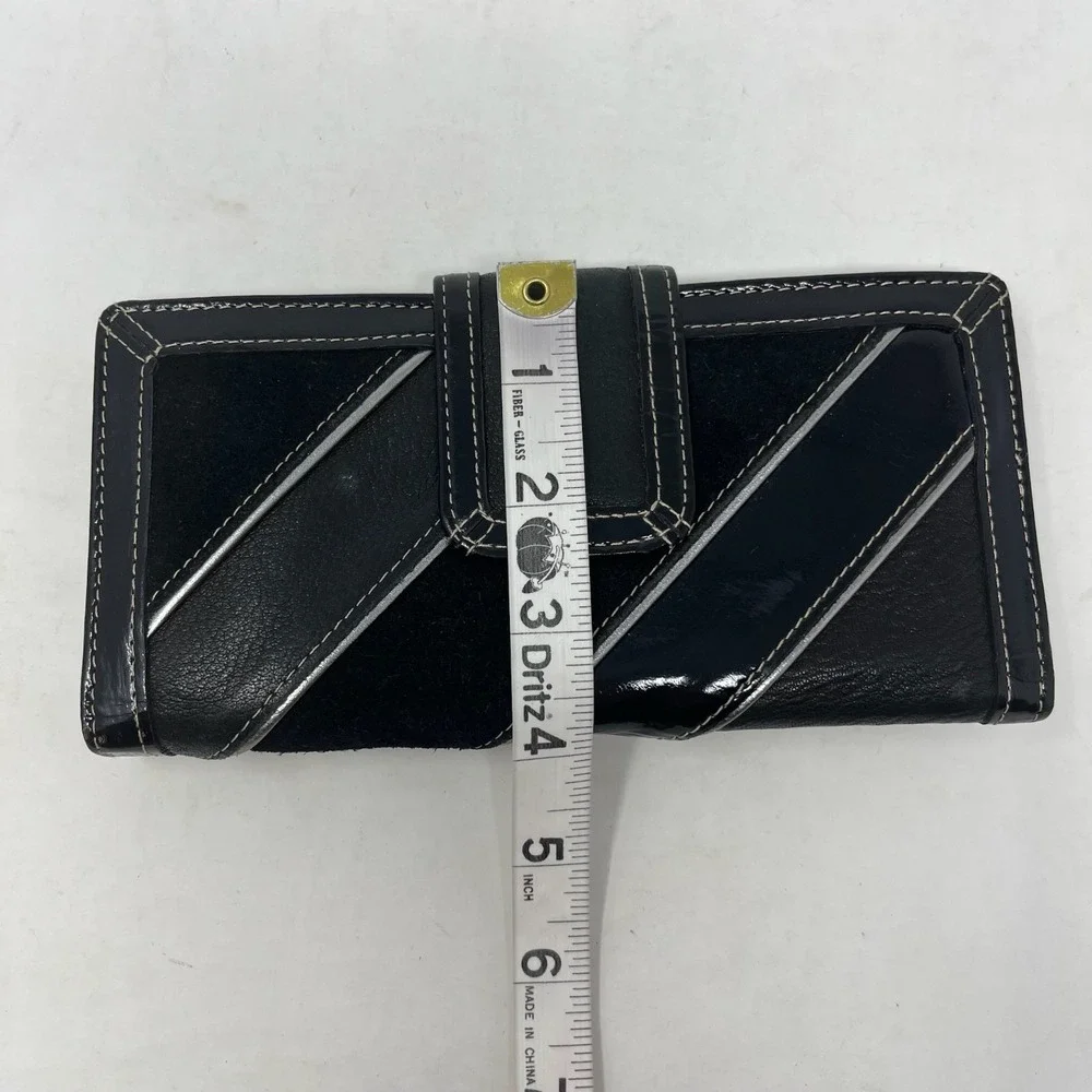 Vtg Fossil Black Diagonal Mixed Suede Patent Leather Bi‎ Fold Wallet Y2K Indie